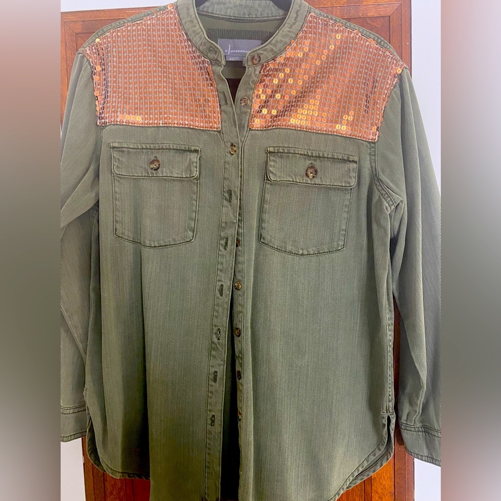 Anthropologie Army Green Sequined Top